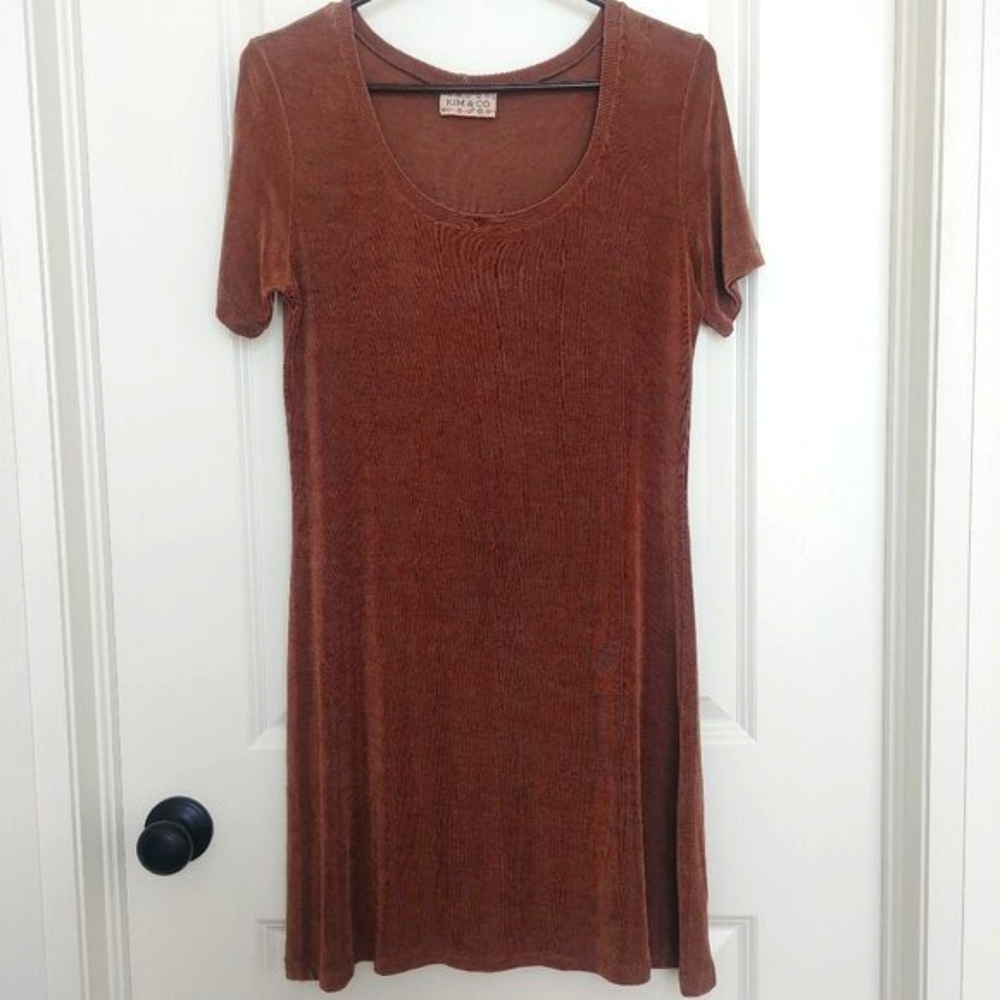 Vintage Kim&Co stretchy slinky ribbed copper brown dress 90s vibe